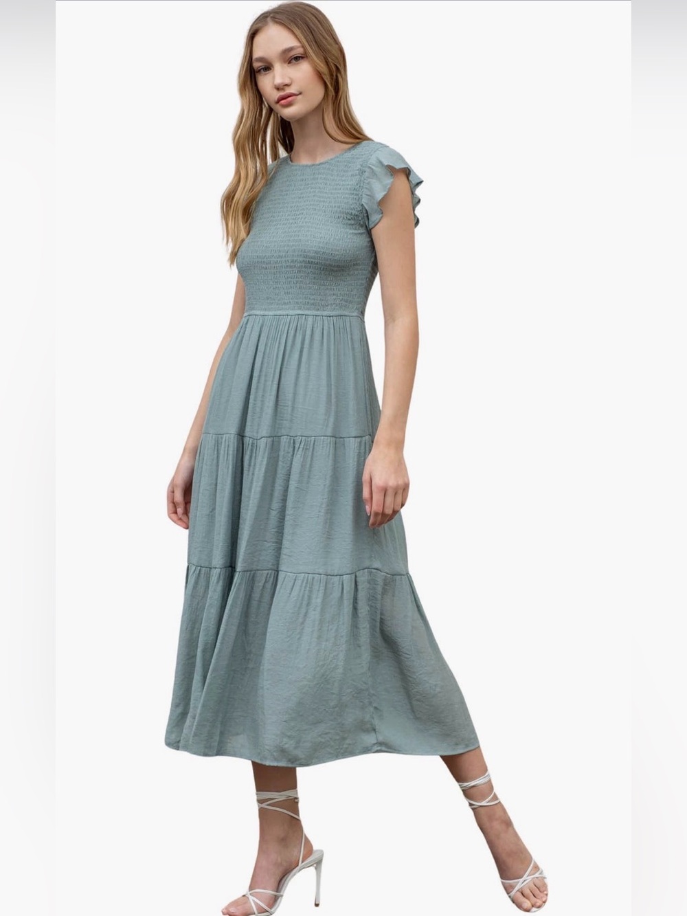 Blu Pepper flutter sleeve smocked tiered maxi dress sage small
